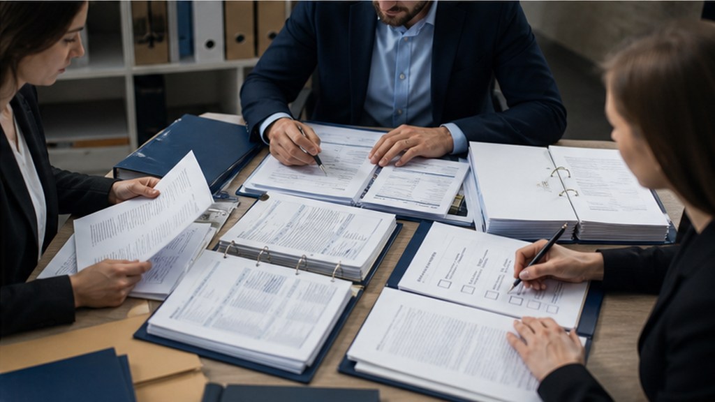 Équipe examinant les documents d'une acquisition en data room